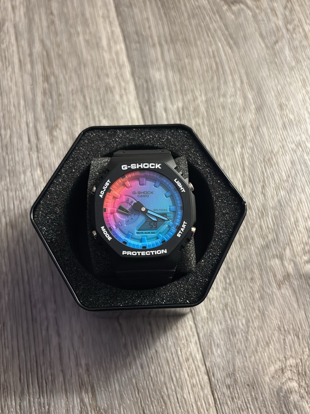 G-Shock Black Watch with Pink-to-Blue Gradient Dial